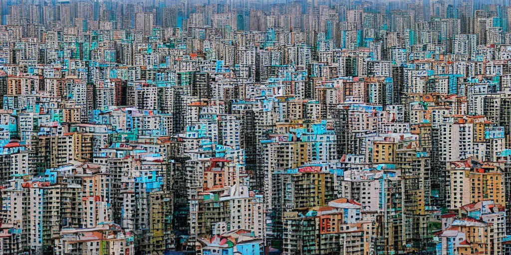 Image similar to bird's eye view photograph of a highrise Russian city, apartments, no watermarks, extremely detailed photography