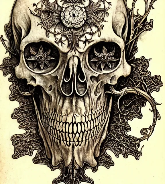 Image similar to memento mori by arthur rackham, art forms of nature by ernst haeckel, exquisitely detailed, art nouveau, gothic, ornately carved beautiful skull dominant, intricately carved antique bone, art nouveau botanicals, ornamental bone carvings, art forms of nature by ernst haeckel, horizontal symmetry, arthur rackham, ernst haeckel, symbolist, visionary