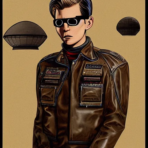 Prompt: heroic square - jawed emotionless serious blonde butch woman aviator, with dark brass victorian goggles, handsome, very short butch slicked - back hair, wearing brown leather jacket, standing in front of small spacecraft, alien 1 9 7 9, illustration, science fiction, retrofuture, highly detailed, colorful, graphic, ron cobb, mike mignogna