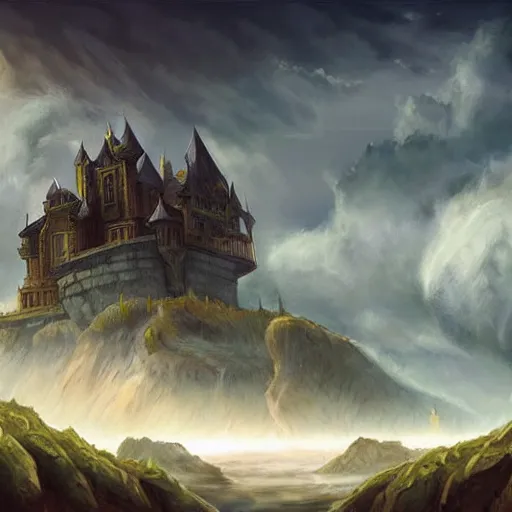 Image similar to a castle on a flying island, masterpiece, flying island in the sky, clouds background magic the gathering coloring style, epic fantasy style art, fantasy epic digital art, epic fantasy card game art