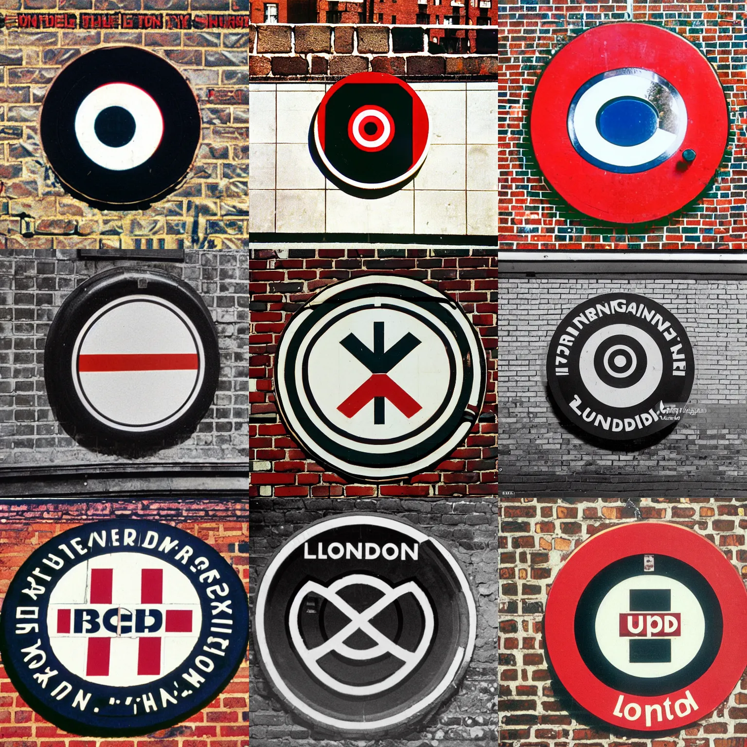 Prompt: London underground roundel on a brick wall station 1989