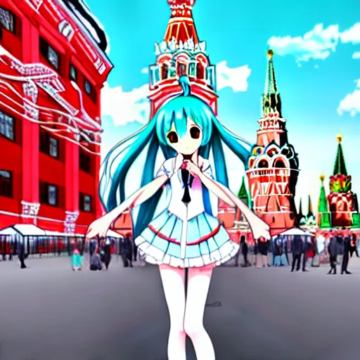 Image similar to hatsune miku on the moscow red square, high detailed anime art, trending on pixiv