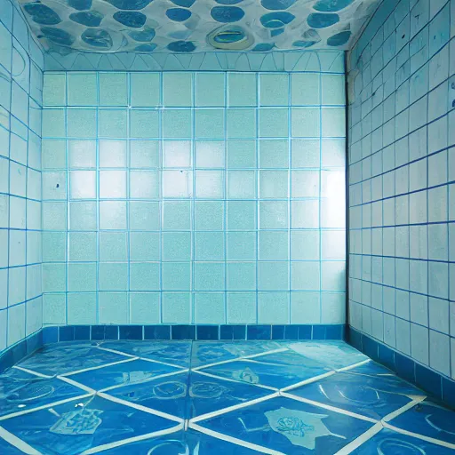 Image similar to liminal space photography, abandoned aqua park, ceramic tiles on the floor and walls, ceiling light, water, high detailed, photorealistic 4k - H 768