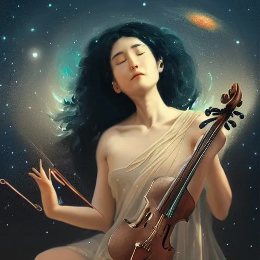 Image similar to a high quality portrait of a celestial goddess of life playing a mystical violin and springing life into the universe, by WLOP, by Beeple, by greg rutkowski