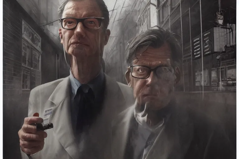 Image similar to a realistic cinematic headshot portrait of an evil scientist, stood outside a corner shop, foggy, detailed, depth of field, movie still, dramatic lighting, by krenz cushart and!! annie leibovitz!!