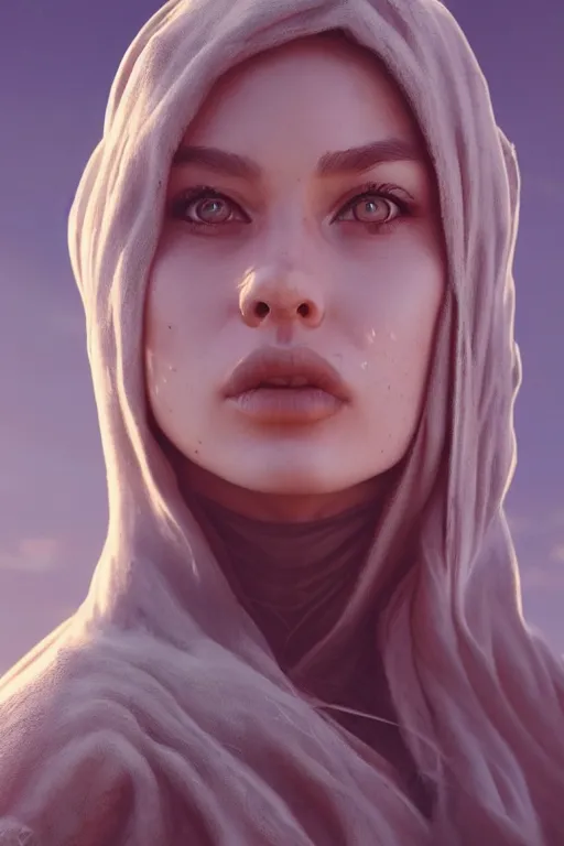 Image similar to a close-up of a beautiful girl in the desert by Artgerm, atmospheric, concept art, high detail, cinematic, Sci-fi, Artstation trending, octane render, planet landscape