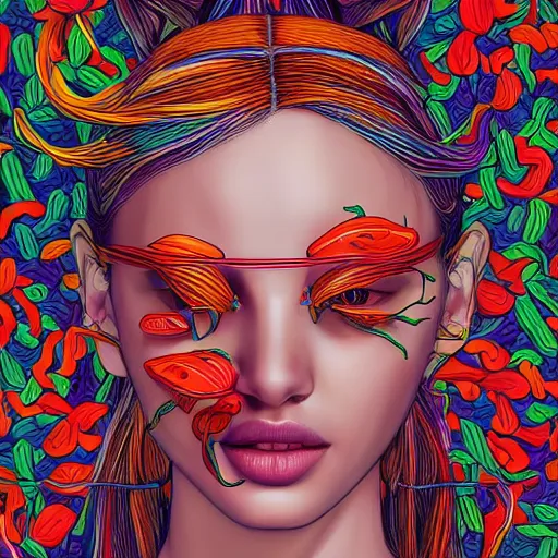 Image similar to the portrait of an unbelievably beautiful and sophisticated young woman made up of peppers looking up, an ultrafine detailed illustration by james jean, intricate linework, bright colors, final fantasy, behance contest winner, vanitas, angular, altermodern, unreal engine 5 highly rendered, global illumination, radiant light, detailed and intricate environment