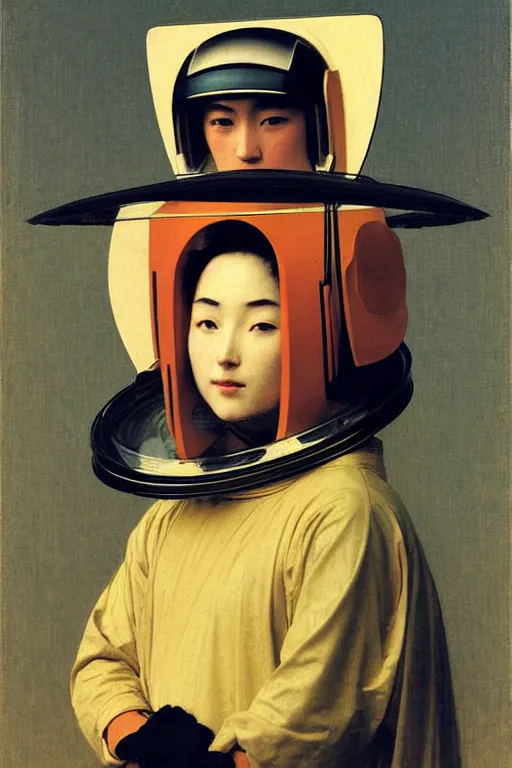 Image similar to portrait of a astronaut in samurai helmets, by bouguereau