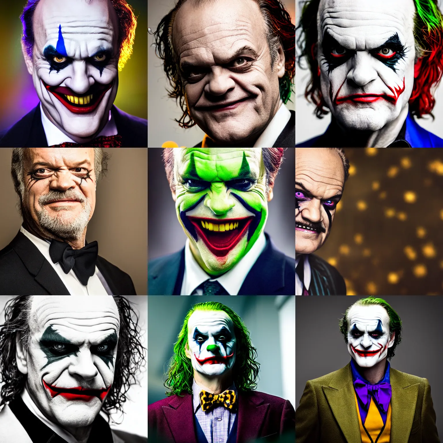 Prompt: portrait photograph of kelsey grammer as the joker, depth of field, bokeh