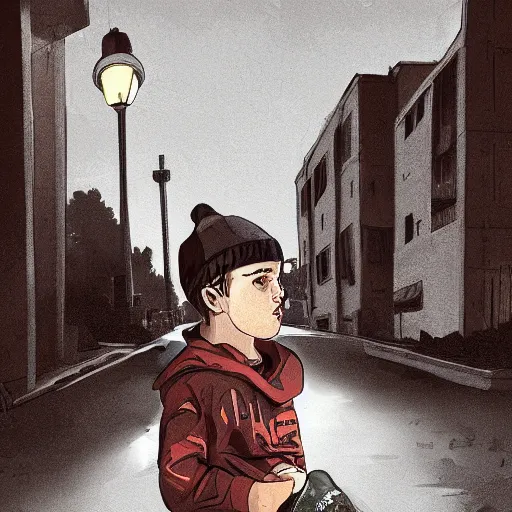 Prompt: a boy looking towards a dark sky, poorly lit street light, bottle of booze, hype beast clothing, digital painting, stunning digital art, highly detailed