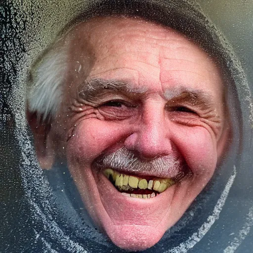 Image similar to a smiling old man seen through a dirty window