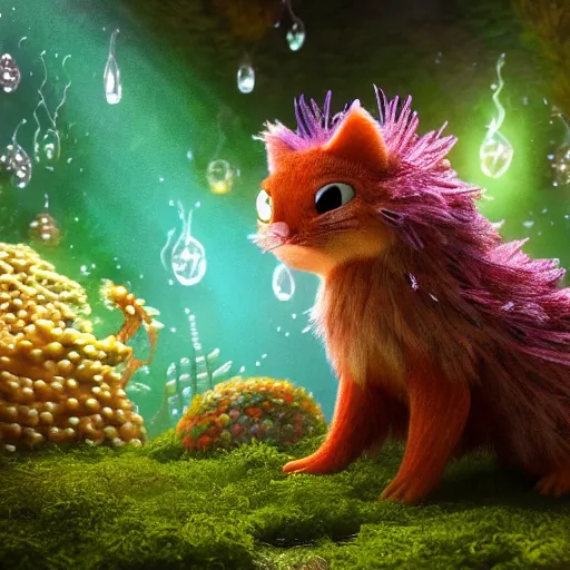 Image similar to tiny fur tower, vegetation, expressive eyes, floating, rbc, radiolaria, protophyta, micro - organisms, center frame, symmetric, rim light, marine microbiology, bioluminescence, electric, fur, soft, concept art, intricate details, highly detailed, colorful, photorealistic, disney pixar, octane render, iridescent, anime, 8 k