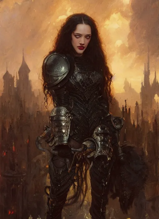 Prompt: short muscular young kat dennings wearing black medieval armour, bare legs, detailed, by gaston bussiere, bayard wu, greg rutkowski, giger, maxim verehin, greg rutkowski, masterpiece, sharp focus, cinematic lightning