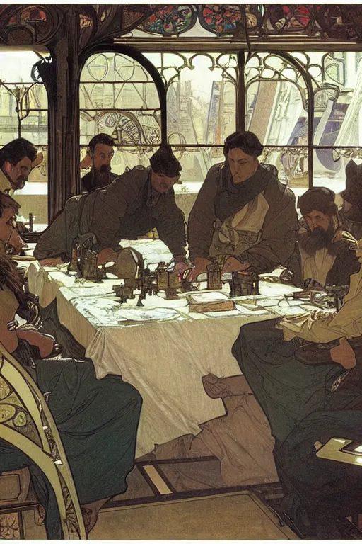 Prompt: 5 men writing code on laptops around a table, alphonse mucha, james gurney, greg rutkowski