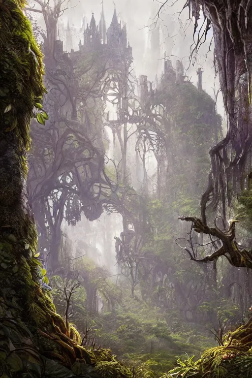 Image similar to fairy palace-castle, towers, gnarly trees, lush vegetation, forrest, landscape, raphael lacoste, eddie mendoza, alex ross, concept art, matte painting, highly detailed, rule of thirds, dynamic lighting, cinematic, detailed, denoised, centerd