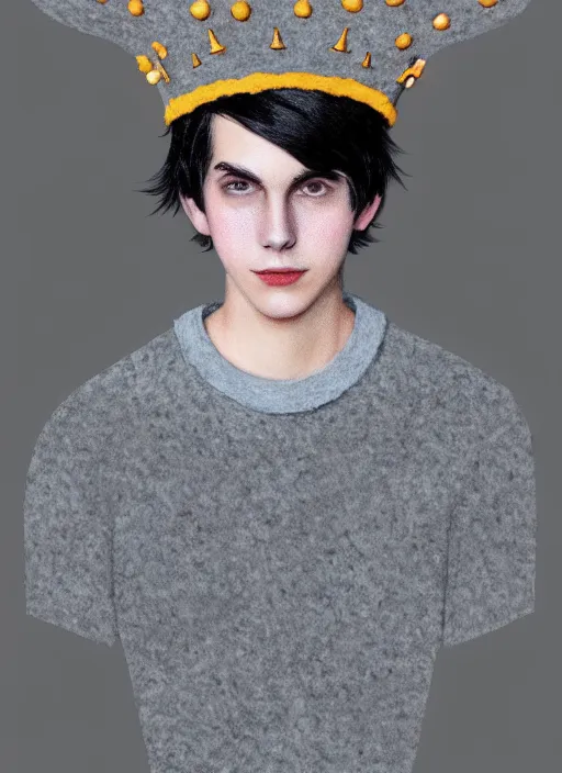 Image similar to portrait of teenage jughead jones wearing a light grey crown, photorealistic, crown made of felt fabric, crown, crown made of felt, black hair, intricate, elegant, highly detailed, digital painting, glowing lights, artstation, concept art, smooth, sharp focus, illustration, art by wlop, mars ravelo and greg rutkowski