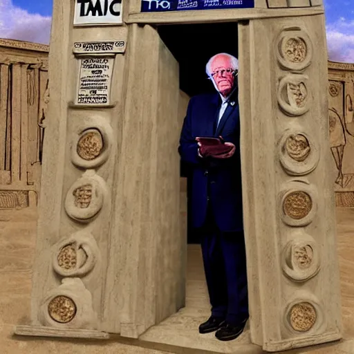 Image similar to Bernie Sanders as Doctor Who travelling through ancient Mesopotamia in the TARDIS