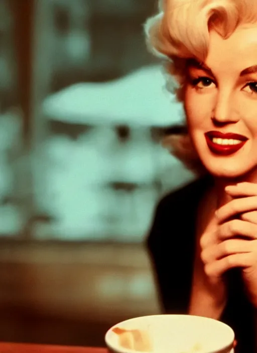 Image similar to A close-up, color cinema film still of a marlin monroe drinking coffee at a starbucks, ambient lighting at night.