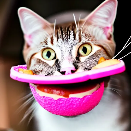 Image similar to photo of a pink cat, with a hamburger inside of it's mouth