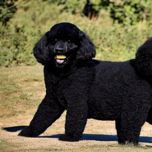 Image similar to a photo of a black poodle dog next to a panda,