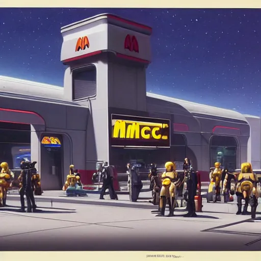 Image similar to intricately detailed ralph mcquarrie concept art of a futuristic mcdonalds with the golden arches displayed. a space station is seen off in the distance with various droids and people walking in the foreground. a trooper is seen holding a brown mcdonalds bag.