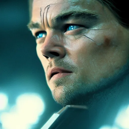 Prompt: Film still of leonardo dicaprio as The Terminator, half of face is cybernetic and exoskeleton exposed, photorealistic, burning city background