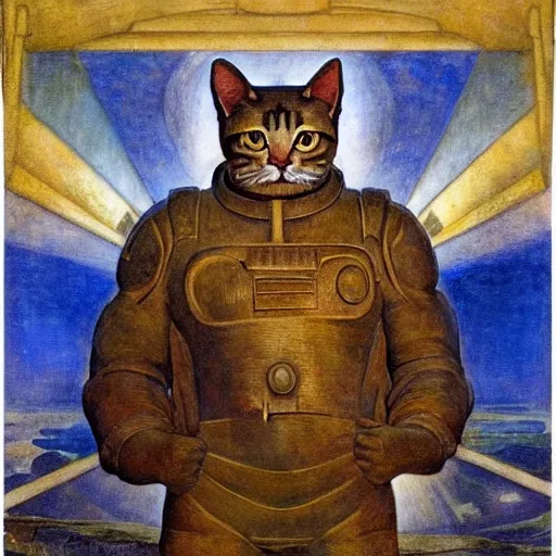 Prompt: sculpture of a cat in a spacesuit, by annie swynnerton and diego rivera and nicholas roerich and jean delville, symbolist, dramatic lighting, god rays, art brut, rich colors, smooth, sharp focus, extremely detailed, adolf wolfli, by janet fish and ( donato giancola and bilibin )