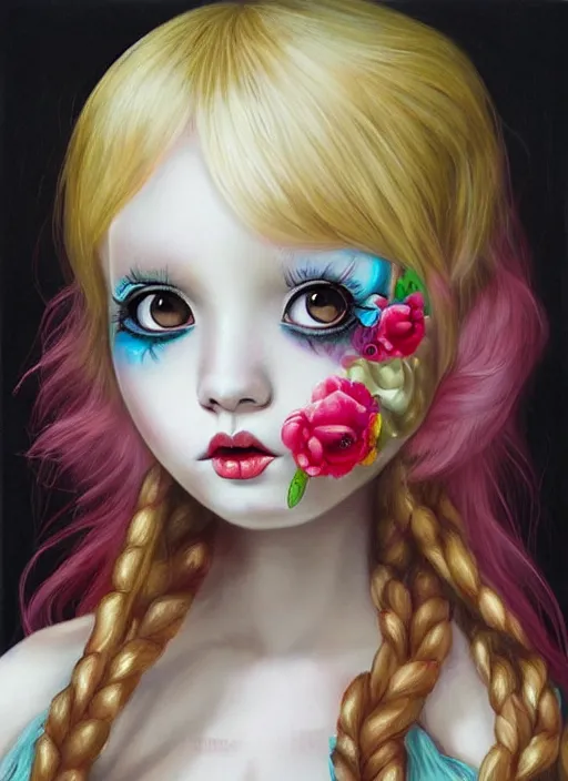 Image similar to pop surrealism, lowbrow art, realistic cute alice girl painting, japanese street fashion, hyper realism, muted colours, rococo, lori earley style,