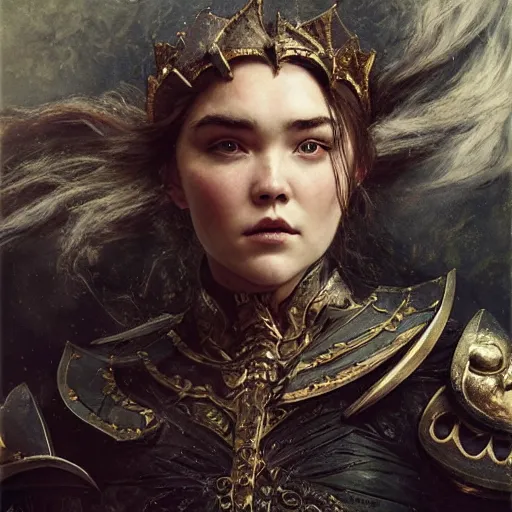 Prompt: florence pugh, wearing dark black ornamented medieval armour, detailed, by gaston bussiere, bayard wu, greg rutkowski, giger, maxim verehin, greg rutkowski, masterpiece, sharp focus,