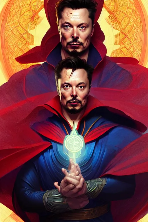 Image similar to elon musk as dr strange, realistic portrait, symmetrical, highly detailed, digital painting, artstation, concept art, smooth, sharp focus, illustration, cinematic lighting, art by artgerm and greg rutkowski and alphonse mucha