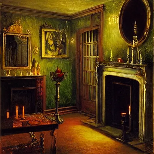 Prompt: grimshaw painting, vampire, candles, mansion, dim room, fireplace, gothic.