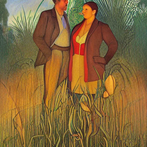 Prompt: realist by richard doyle, by diego rivera botanical illustration. a beautiful assemblage of a man & a woman in a field of tall grass with the sun setting behind them