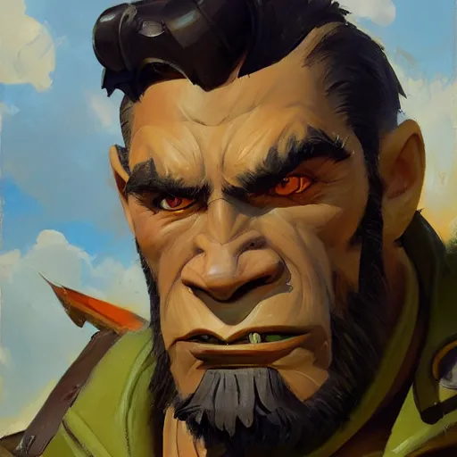 Image similar to greg manchess close - up portrait painting of a ruggedly handsome young dieselpunk orc with olive green skin as an overwatch character, medium shot, asymmetrical, profile picture, organic painting, sunny day, matte painting, bold shapes, hard edges, street art, trending on artstation, by huang guangjian and gil elvgren and sachin teng