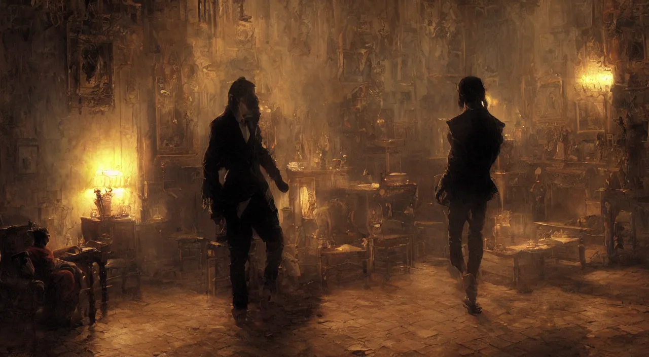 Prompt: a man with black hair and beard, wearing a black jacket, white shirt and jeans, trying to desperately escape a white, dimly lit room, highly detailed painting by gaston bussiere, craig mullins, 8 k