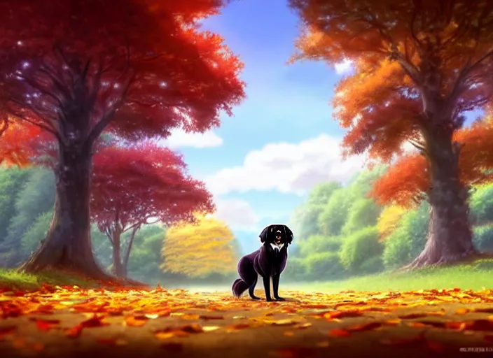 Image similar to a wholesome animation key shot of a black tibetan spaniel, autumn trees in the background, autumn leaves in the foreground, studio ghibli, pixar and disney animation, sharp, rendered in unreal engine 5, anime key art by greg rutkowski, bloom, dramatic lighting