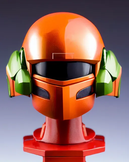 Prompt: helmet portrait of a figurine of samus aran's varia power suit from the sci - fi nintendo videogame metroid. designed by hiroji kiyotake, gene kohler and rodney brunet. metroid zero mission. metroid prime. glossy. red round helmet, orange shoulder pads, green visor. shallow depth of field. suit of armor.