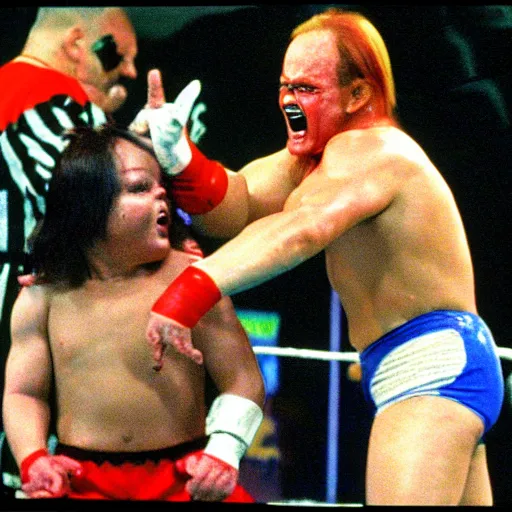 Prompt: screaming chucky doll wrestling hulk hogan wrestlemania iii