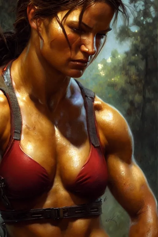 Image similar to muscular sweat lara croft, exhausted face close up, highly detailed painting by gaston bussiere, craig mullins, j. c. leyendecker 8 k