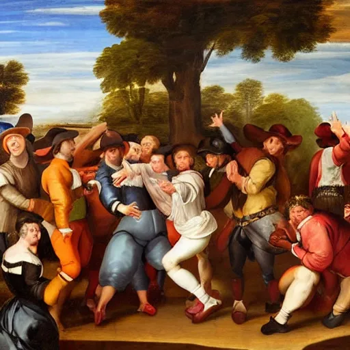 Prompt: cowboys having a water balloon fight, hyper realistic, 1 7 0 0 s style renaissance painting