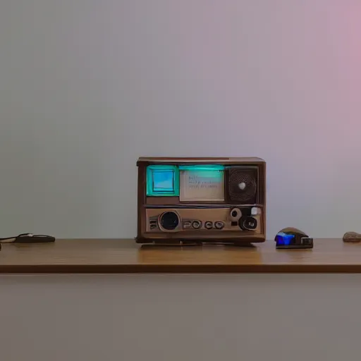 Image similar to an ultra high definition professional studio quality photograph of a transparent iridescent perspex pastel coloured tape player on a bedside table in an empty white room. dramatic lighting, ray tracing, refraction, shallow d. o. f, colour corrected, golden ratio, three point light. volumetric shadows. god rays.