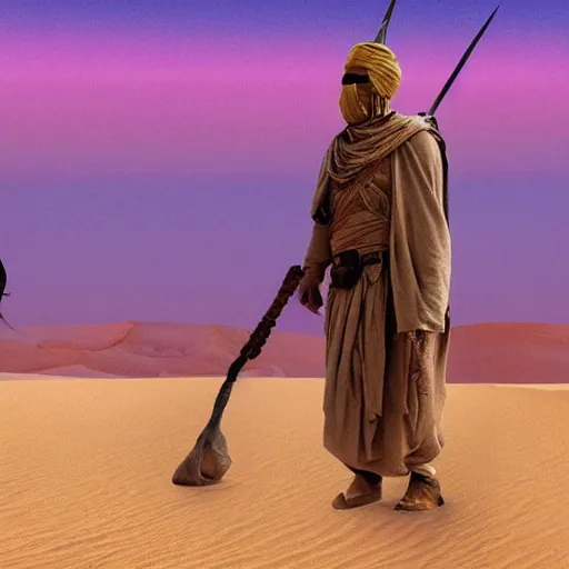 Image similar to man wearing tan turban in the desert Tusken Raider Dune (2021) Witch-king of Angmar. Desert twilight purple sunset beautiful art by Roger Deakins Jeremy Saulnier Newton Thomas Sigel Robert Elswit Greig Fraser trending rtx on ue5