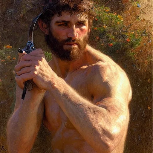 Image similar to young shepherd by a river, playful, male, muscular, detailed face, gorgeous, amazing, muscular, intricate, highly detailed, painting by Gaston Bussiere, Craig Mullins