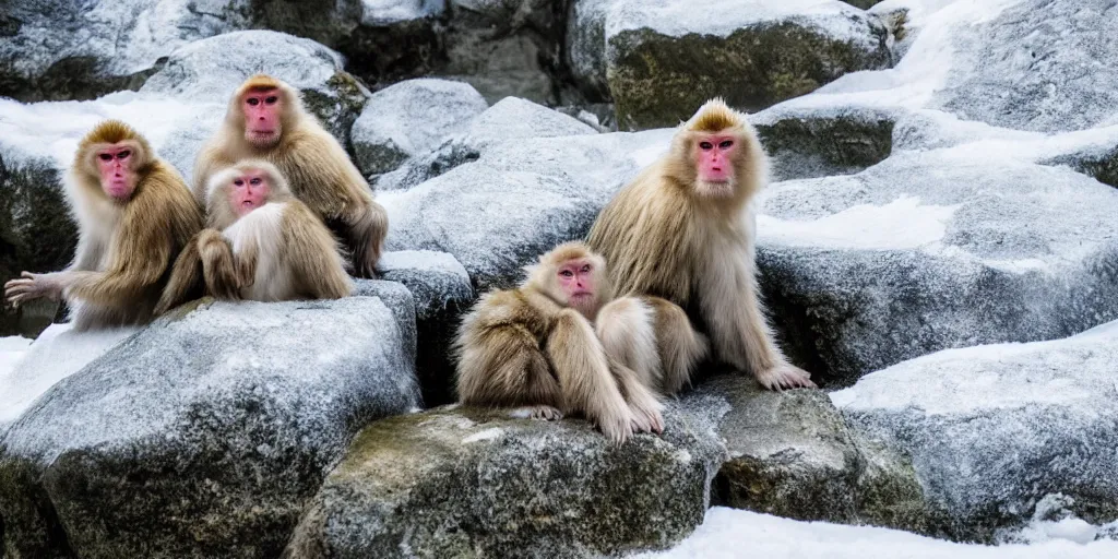 Prompt: scenic mountain setting, a family of snow monkeys gather at the natural spa to get warm, highly detailed, snow flurry, cold, steamy, desaturated blue, inquisitive, striking, contemplative, happy, content, warm, YCFCG, cgsociety