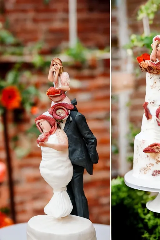 Image similar to a wedding cake made of bacon, professional food photo, bride and groom on top of the wedding cake,