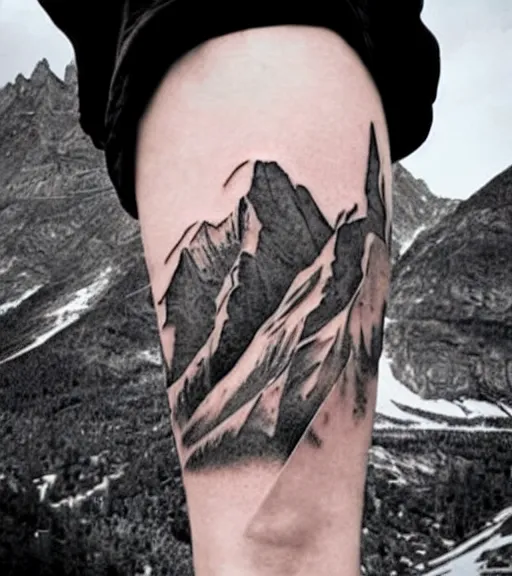 Image similar to double exposure effect tattoo design sketch of megan fox with beautiful mountain scenery, realism tattoo, in the style of matteo pasqualin, amazing detail, sharp