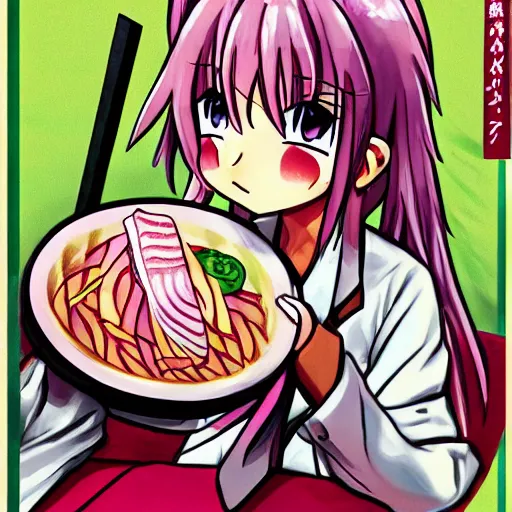 Image similar to jibril eating sushi by yu kamiya, by mashiro hiiragi