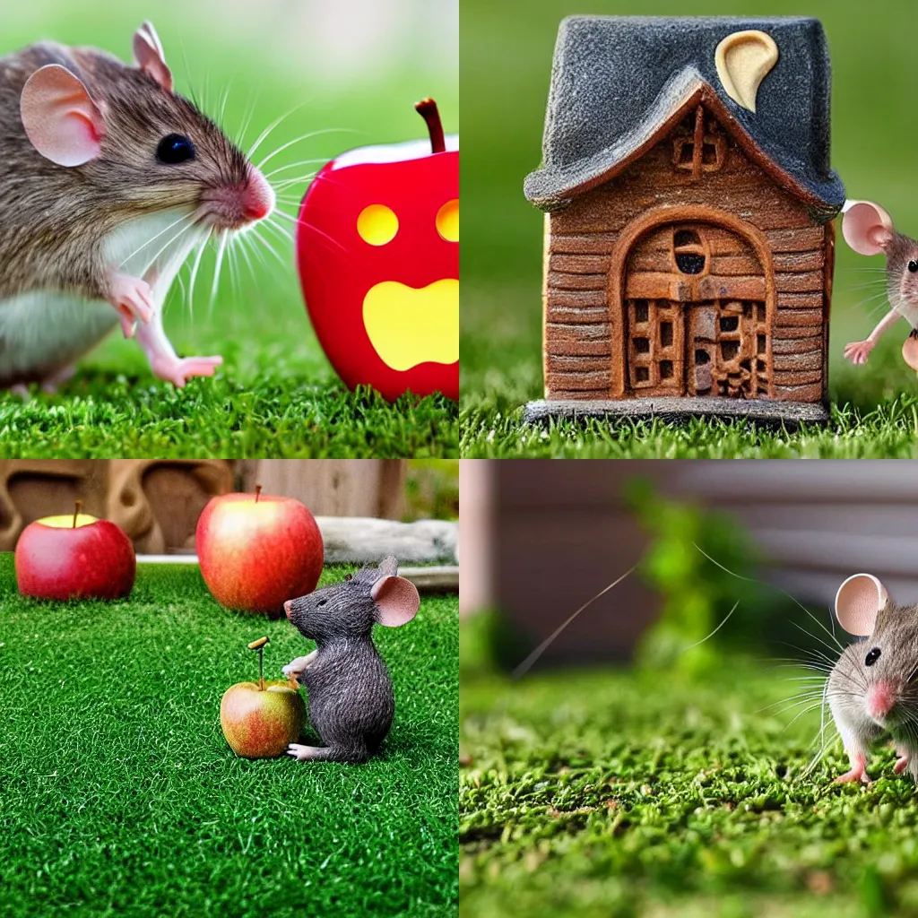 Prompt: a mouse mowing the lawn, infront of a house carved into an apple