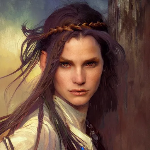 Prompt: closeup portrait of an mage, cloth, blue hour, dungeons and dragons character, dramatic lighting, female, brown hair, celtic braid, castle background, gorgeous view, realistic, high detail, digital art, painted by greg rutkowski, painted by jeremy mann, painted by alphonse mucha, trending on artstation