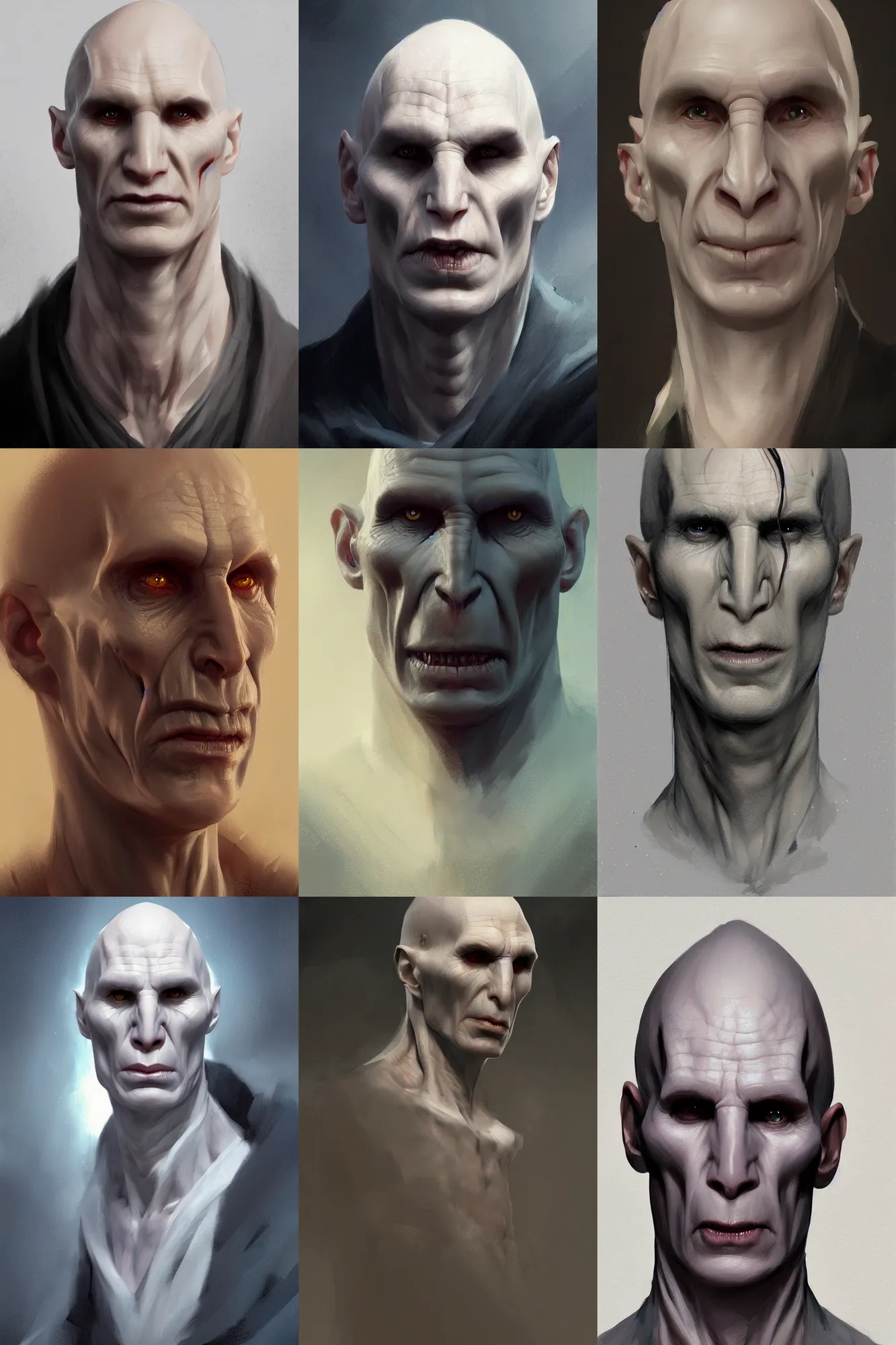 Prompt: full length portrait of voldemort with a nose by greg rutkowski, highly detailed, portrait, scifi, digital painting, artstation, concept art, smooth, sharp focc