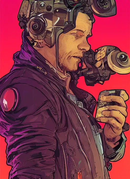 Image similar to cyberpunk fruit salesman. portrait by ashley wood and alphonse mucha and laurie greasley and josan gonzalez and james gurney. spliner cell, apex legends, rb 6 s, hl 2, d & d, cyberpunk 2 0 7 7. realistic face. vivid color. dystopian setting.